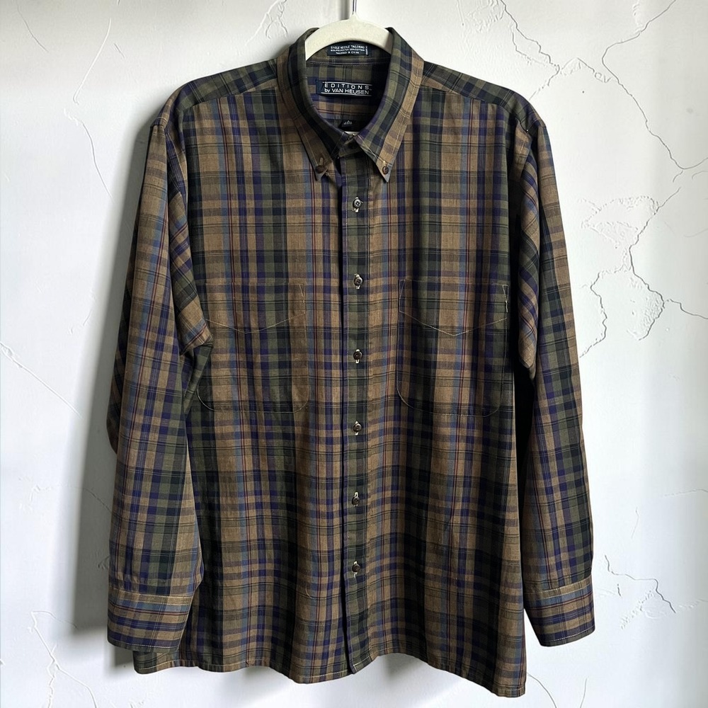 Vintage Button Up Shirt Men's Large Plaid Earthy Brown Olive Green Fall Preppy